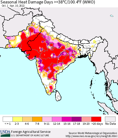 Southern Asia Seasonal Heat Damage Days >=38°C/100°F (WMO) Thematic Map For 10/1/2021 - 4/10/2022