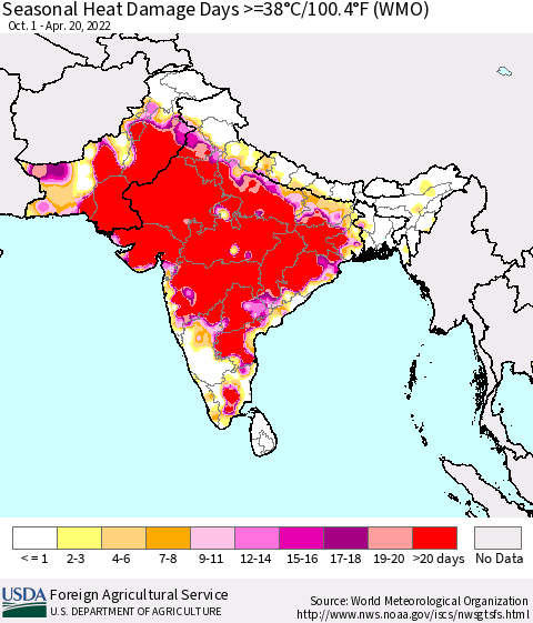 Southern Asia Seasonal Heat Damage Days >=38°C/100°F (WMO) Thematic Map For 10/1/2021 - 4/20/2022
