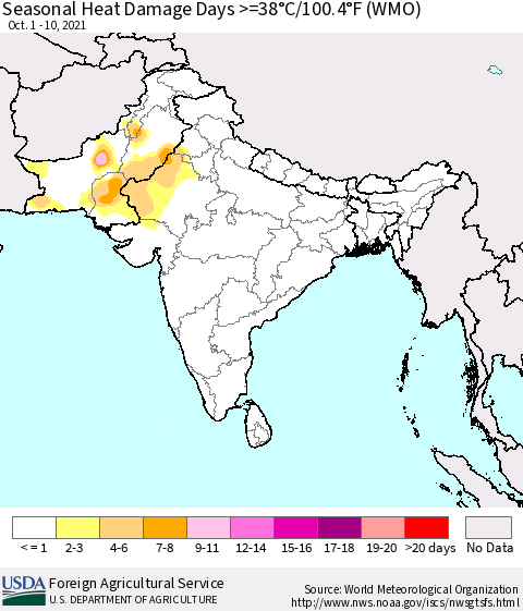 Southern Asia Seasonal Heat Damage Days >=38°C/100°F (WMO) Thematic Map For 10/1/2021 - 10/10/2021