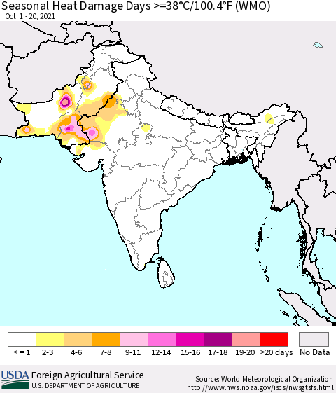 Southern Asia Seasonal Heat Damage Days >=38°C/100°F (WMO) Thematic Map For 10/1/2021 - 10/20/2021