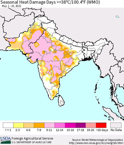 Southern Asia Seasonal Heat Damage Days >=38°C/100°F (WMO) Thematic Map For 5/1/2022 - 5/10/2022