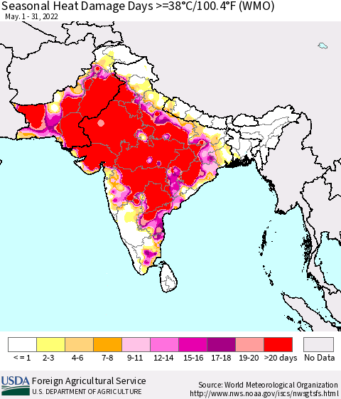 Southern Asia Seasonal Heat Damage Days >=38°C/100.4°F (WMO) Thematic Map For 5/1/2022 - 5/31/2022