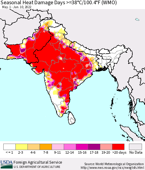Southern Asia Seasonal Heat Damage Days >=38°C/100°F (WMO) Thematic Map For 5/1/2022 - 6/10/2022