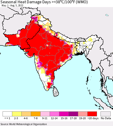 Southern Asia Seasonal Heat Damage Days >=38°C/100°F (WMO) Thematic Map For 5/1/2022 - 8/5/2022