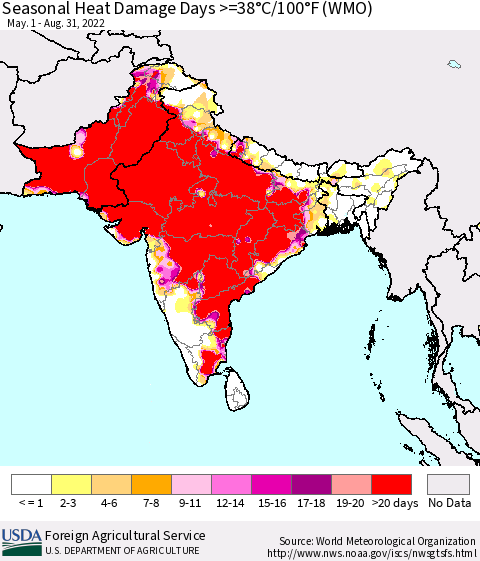 Southern Asia Seasonal Heat Damage Days >=38°C/100°F (WMO) Thematic Map For 5/1/2022 - 8/31/2022