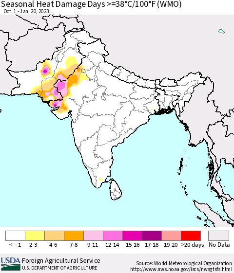 Southern Asia Seasonal Heat Damage Days >=38°C/100°F (WMO) Thematic Map For 10/1/2022 - 1/20/2023