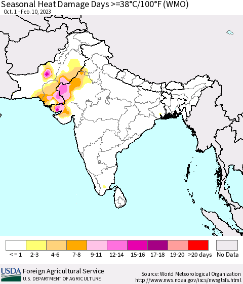Southern Asia Seasonal Heat Damage Days >=38°C/100°F (WMO) Thematic Map For 10/1/2022 - 2/10/2023