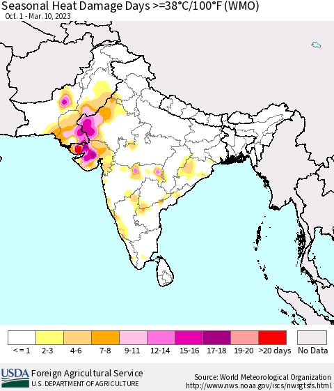 Southern Asia Seasonal Heat Damage Days >=38°C/100°F (WMO) Thematic Map For 10/1/2022 - 3/10/2023