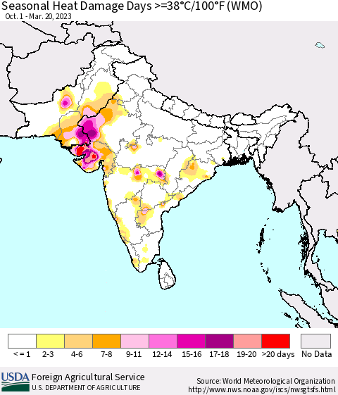 Southern Asia Seasonal Heat Damage Days >=38°C/100°F (WMO) Thematic Map For 10/1/2022 - 3/20/2023