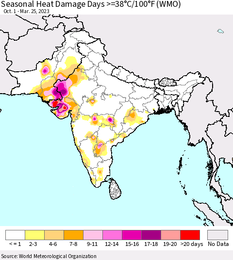 Southern Asia Seasonal Heat Damage Days >=38°C/100°F (WMO) Thematic Map For 10/1/2022 - 3/25/2023