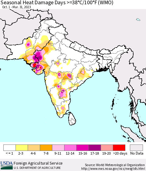 Southern Asia Seasonal Heat Damage Days >=38°C/100°F (WMO) Thematic Map For 10/1/2022 - 3/31/2023