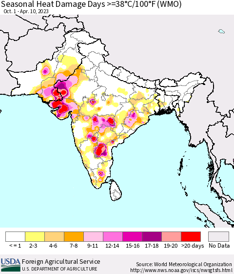 Southern Asia Seasonal Heat Damage Days >=38°C/100°F (WMO) Thematic Map For 10/1/2022 - 4/10/2023