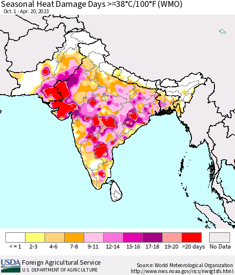 Southern Asia Seasonal Heat Damage Days >=38°C/100°F (WMO) Thematic Map For 10/1/2022 - 4/20/2023