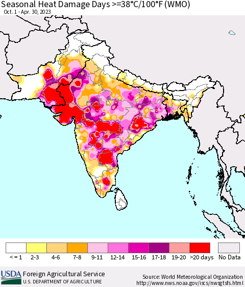 Southern Asia Seasonal Heat Damage Days >=38°C/100°F (WMO) Thematic Map For 10/1/2022 - 4/30/2023