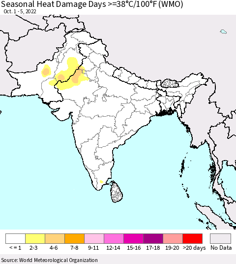 Southern Asia Seasonal Heat Damage Days >=38°C/100°F (WMO) Thematic Map For 10/1/2022 - 10/5/2022