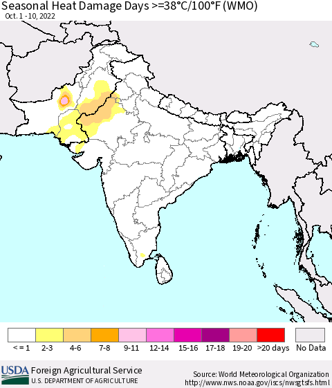 Southern Asia Seasonal Heat Damage Days >=38°C/100°F (WMO) Thematic Map For 10/1/2022 - 10/10/2022