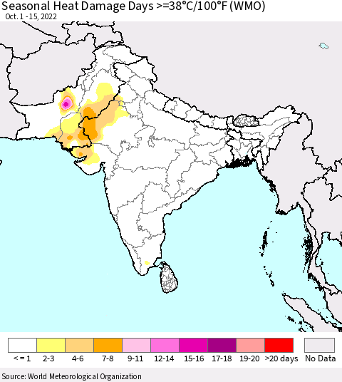 Southern Asia Seasonal Heat Damage Days >=38°C/100°F (WMO) Thematic Map For 10/1/2022 - 10/15/2022