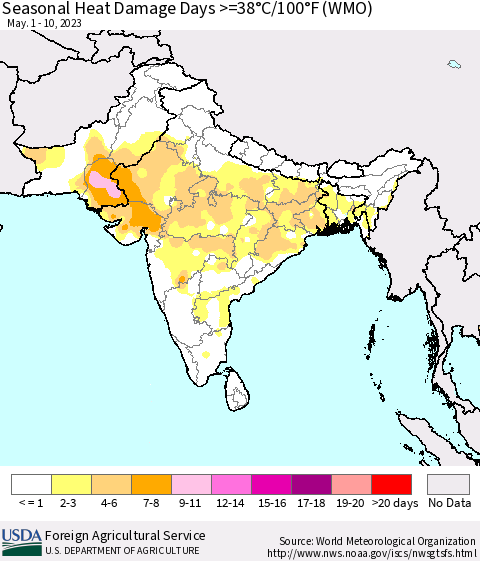 Southern Asia Seasonal Heat Damage Days >=38°C/100°F (WMO) Thematic Map For 5/1/2023 - 5/10/2023