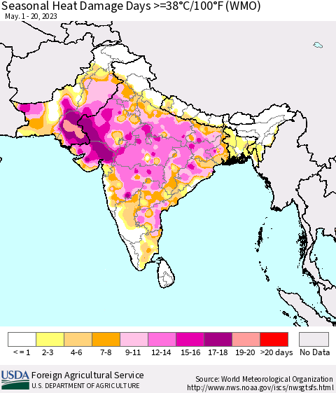 Southern Asia Seasonal Heat Damage Days >=38°C/100°F (WMO) Thematic Map For 5/1/2023 - 5/20/2023