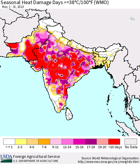 Southern Asia Seasonal Heat Damage Days >=38°C/100°F (WMO) Thematic Map For 5/1/2023 - 5/31/2023
