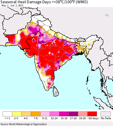 Southern Asia Seasonal Heat Damage Days >=38°C/100°F (WMO) Thematic Map For 5/1/2023 - 6/5/2023