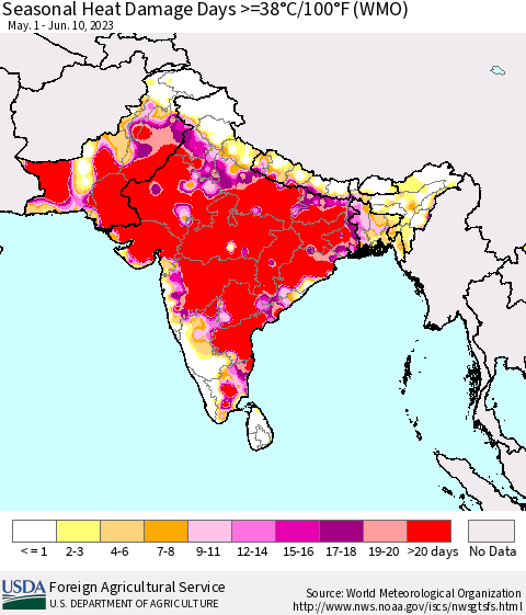 Southern Asia Seasonal Heat Damage Days >=38°C/100°F (WMO) Thematic Map For 5/1/2023 - 6/10/2023