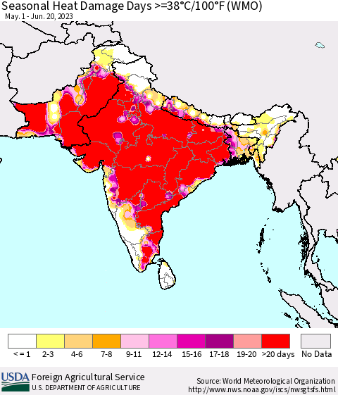 Southern Asia Seasonal Heat Damage Days >=38°C/100°F (WMO) Thematic Map For 5/1/2023 - 6/20/2023