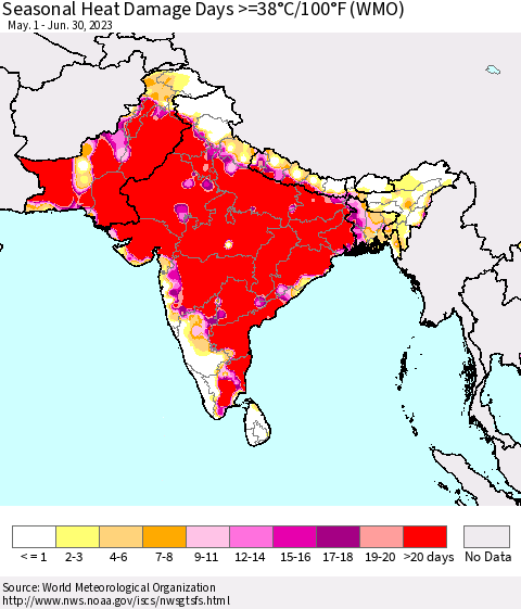 Southern Asia Seasonal Heat Damage Days >=38°C/100°F (WMO) Thematic Map For 5/1/2023 - 6/30/2023