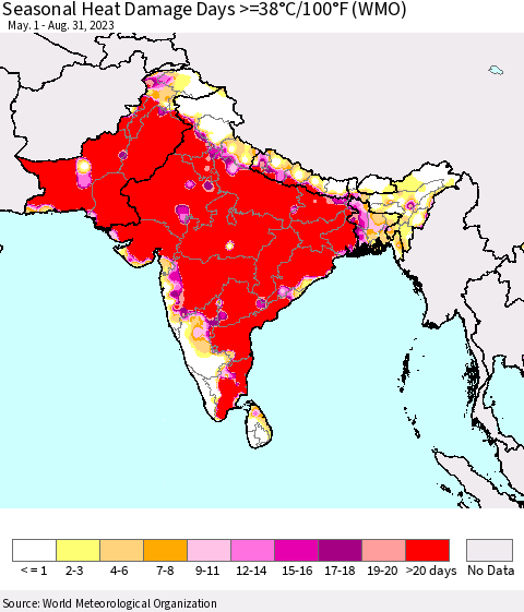 Southern Asia Seasonal Heat Damage Days >=38°C/100°F (WMO) Thematic Map For 5/1/2023 - 8/31/2023