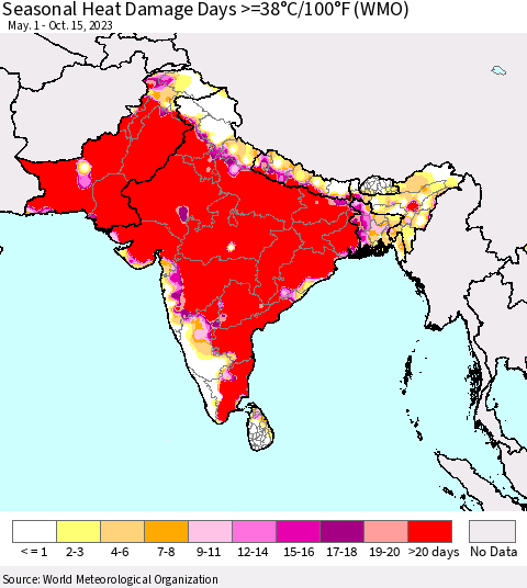 Southern Asia Seasonal Heat Damage Days >=38°C/100°F (WMO) Thematic Map For 5/1/2023 - 10/15/2023