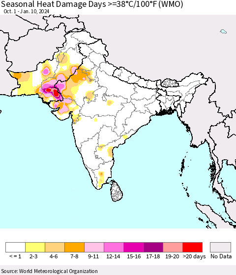 Southern Asia Seasonal Heat Damage Days >=38°C/100°F (WMO) Thematic Map For 10/1/2023 - 1/10/2024