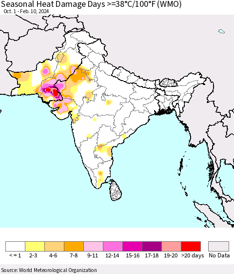Southern Asia Seasonal Heat Damage Days >=38°C/100°F (WMO) Thematic Map For 10/1/2023 - 2/10/2024