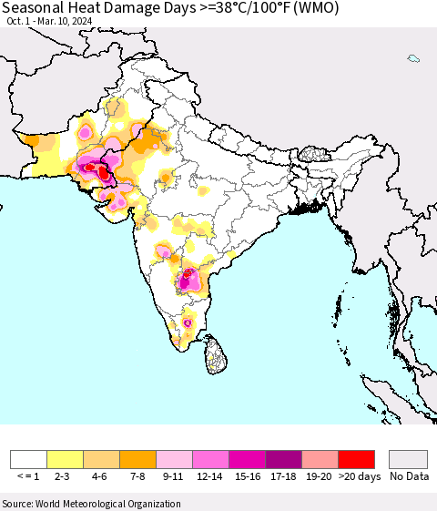 Southern Asia Seasonal Heat Damage Days >=38°C/100°F (WMO) Thematic Map For 10/1/2023 - 3/10/2024