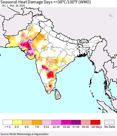 Southern Asia Seasonal Heat Damage Days >=38°C/100°F (WMO) Thematic Map For 10/1/2023 - 3/20/2024