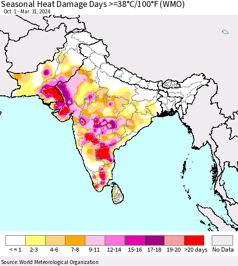 Southern Asia Seasonal Heat Damage Days >=38°C/100°F (WMO) Thematic Map For 10/1/2023 - 3/31/2024