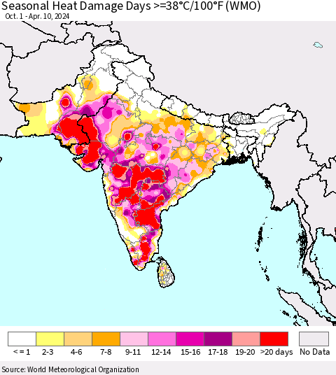 Southern Asia Seasonal Heat Damage Days >=38°C/100°F (WMO) Thematic Map For 10/1/2023 - 4/10/2024