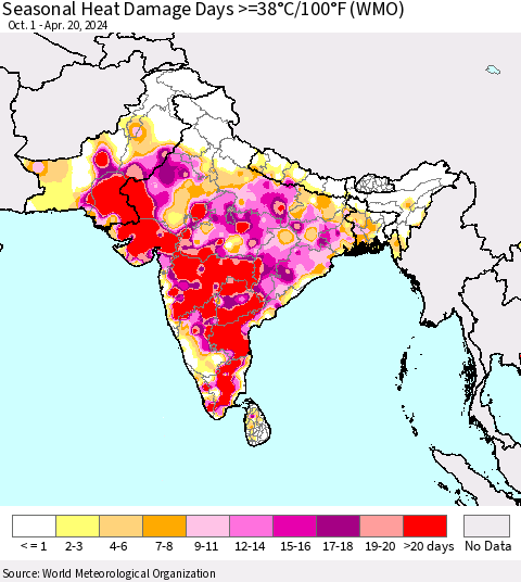 Southern Asia Seasonal Heat Damage Days >=38°C/100°F (WMO) Thematic Map For 10/1/2023 - 4/20/2024
