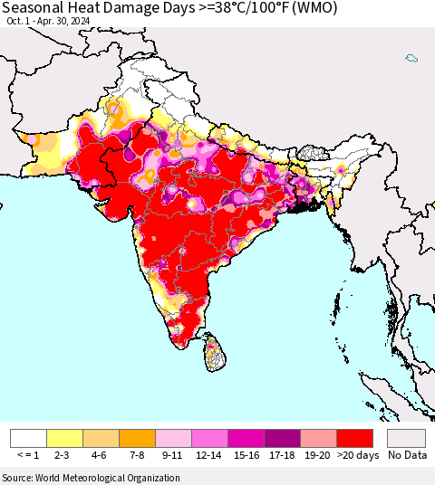 Southern Asia Seasonal Heat Damage Days >=38°C/100°F (WMO) Thematic Map For 10/1/2023 - 4/30/2024