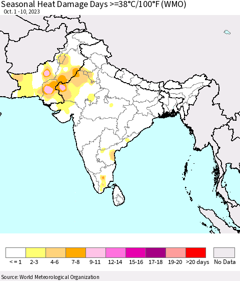 Southern Asia Seasonal Heat Damage Days >=38°C/100°F (WMO) Thematic Map For 10/1/2023 - 10/10/2023