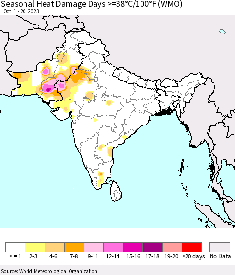 Southern Asia Seasonal Heat Damage Days >=38°C/100°F (WMO) Thematic Map For 10/1/2023 - 10/20/2023