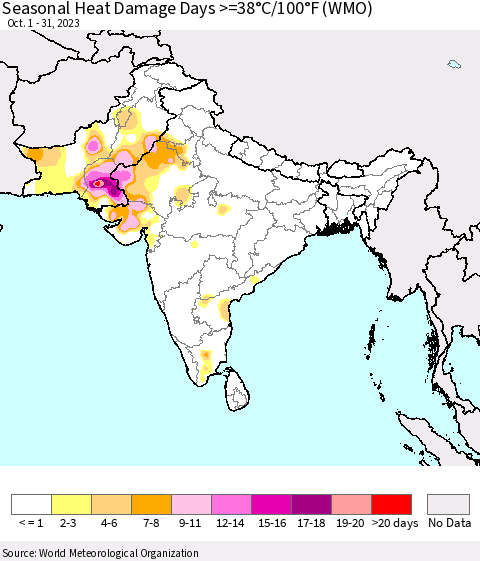 Southern Asia Seasonal Heat Damage Days >=38°C/100°F (WMO) Thematic Map For 10/1/2023 - 10/31/2023