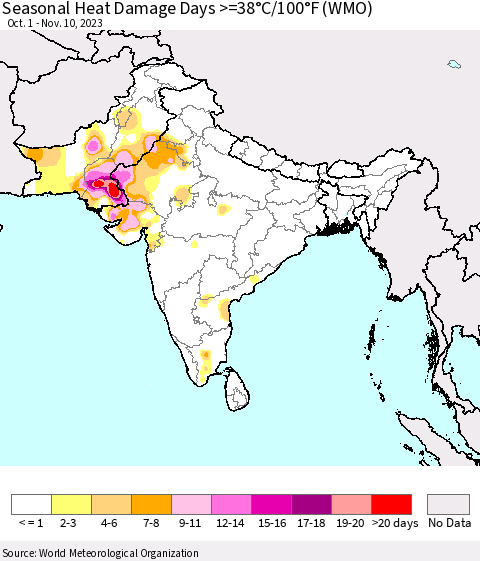 Southern Asia Seasonal Heat Damage Days >=38°C/100°F (WMO) Thematic Map For 10/1/2023 - 11/10/2023