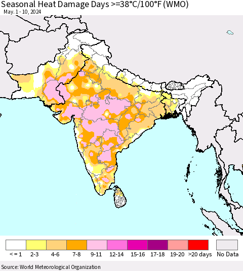 Southern Asia Seasonal Heat Damage Days >=38°C/100°F (WMO) Thematic Map For 5/1/2024 - 5/10/2024