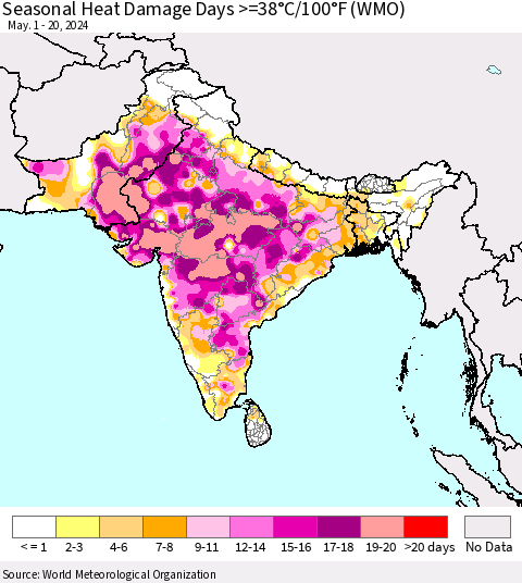 Southern Asia Seasonal Heat Damage Days >=38°C/100°F (WMO) Thematic Map For 5/1/2024 - 5/20/2024