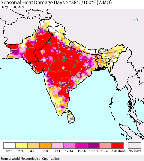 Southern Asia Seasonal Heat Damage Days >=38°C/100°F (WMO) Thematic Map For 5/1/2024 - 5/31/2024