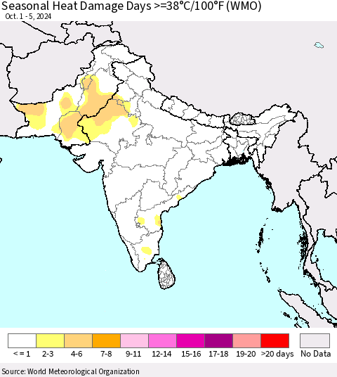 Southern Asia Seasonal Heat Damage Days >=38°C/100°F (WMO) Thematic Map For 10/1/2024 - 10/5/2024