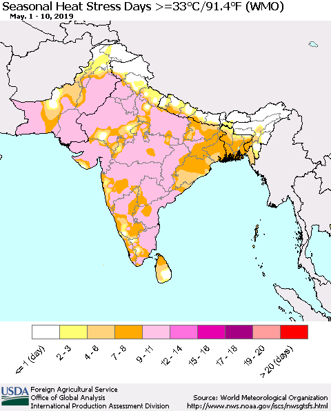 Southern Asia Seasonal Heat Stress Days >=35°C/95°F (WMO) Thematic Map For 5/1/2019 - 5/10/2019