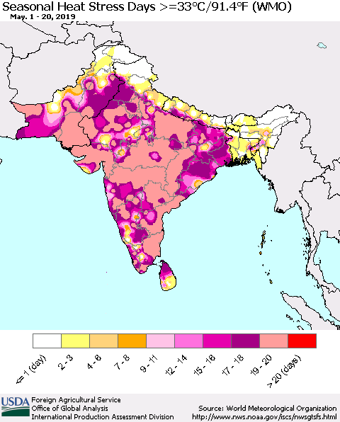 Southern Asia Seasonal Heat Stress Days >=35°C/95°F (WMO) Thematic Map For 5/1/2019 - 5/20/2019