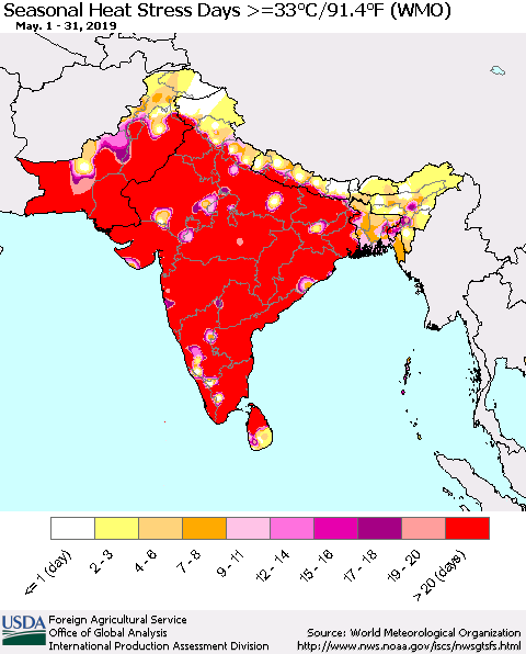 Southern Asia Seasonal Heat Stress Days >=35°C/95°F (WMO) Thematic Map For 5/1/2019 - 5/31/2019