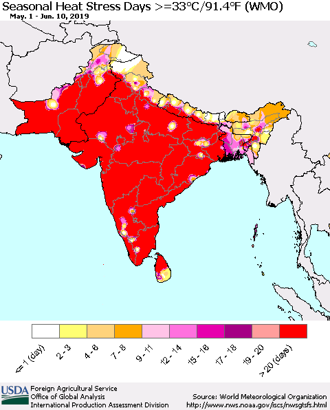Southern Asia Seasonal Heat Stress Days >=35°C/95°F (WMO) Thematic Map For 5/1/2019 - 6/10/2019